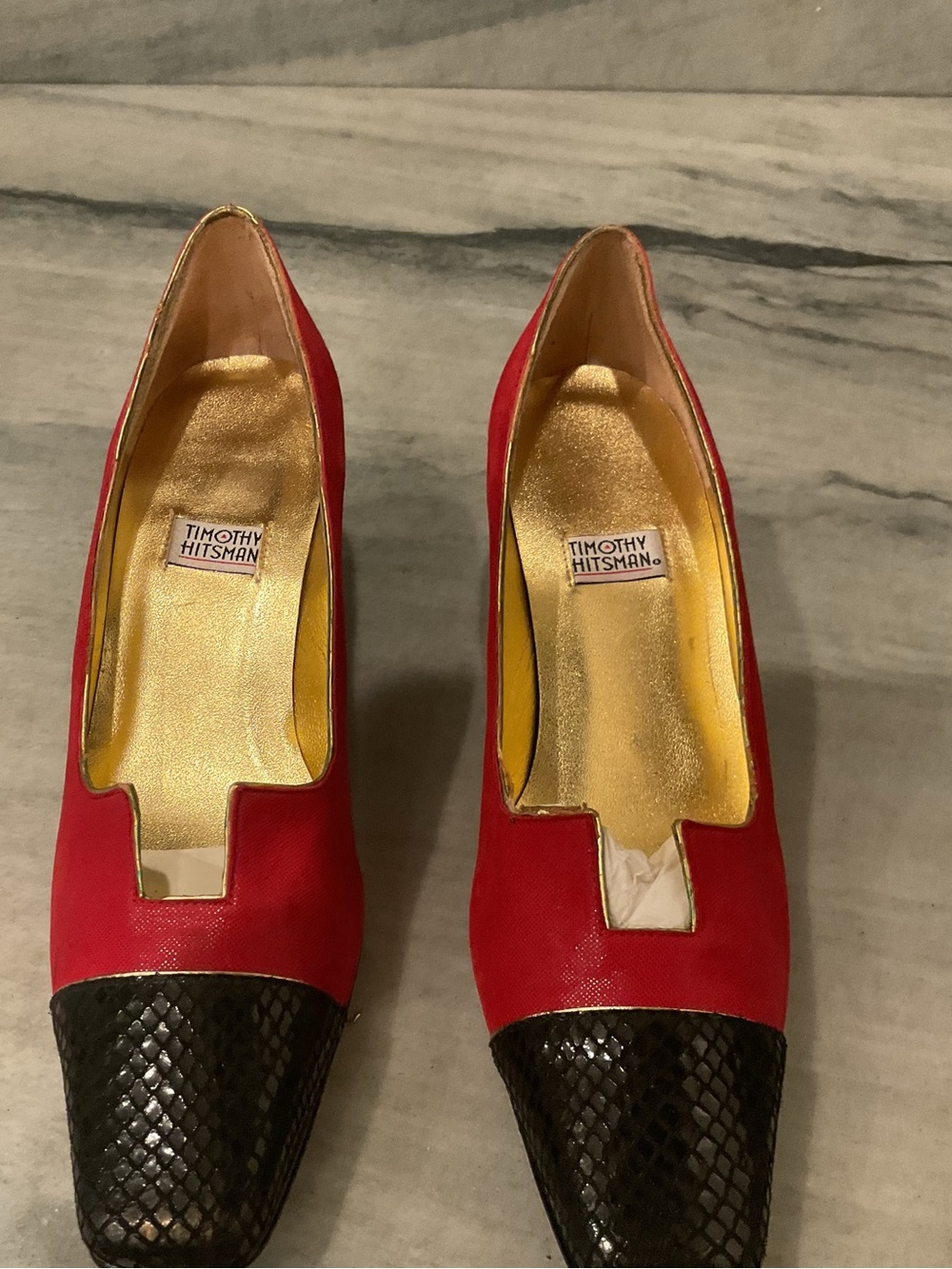 Timothy Hitsman Red Pumps with Black Textured Cap-Toe